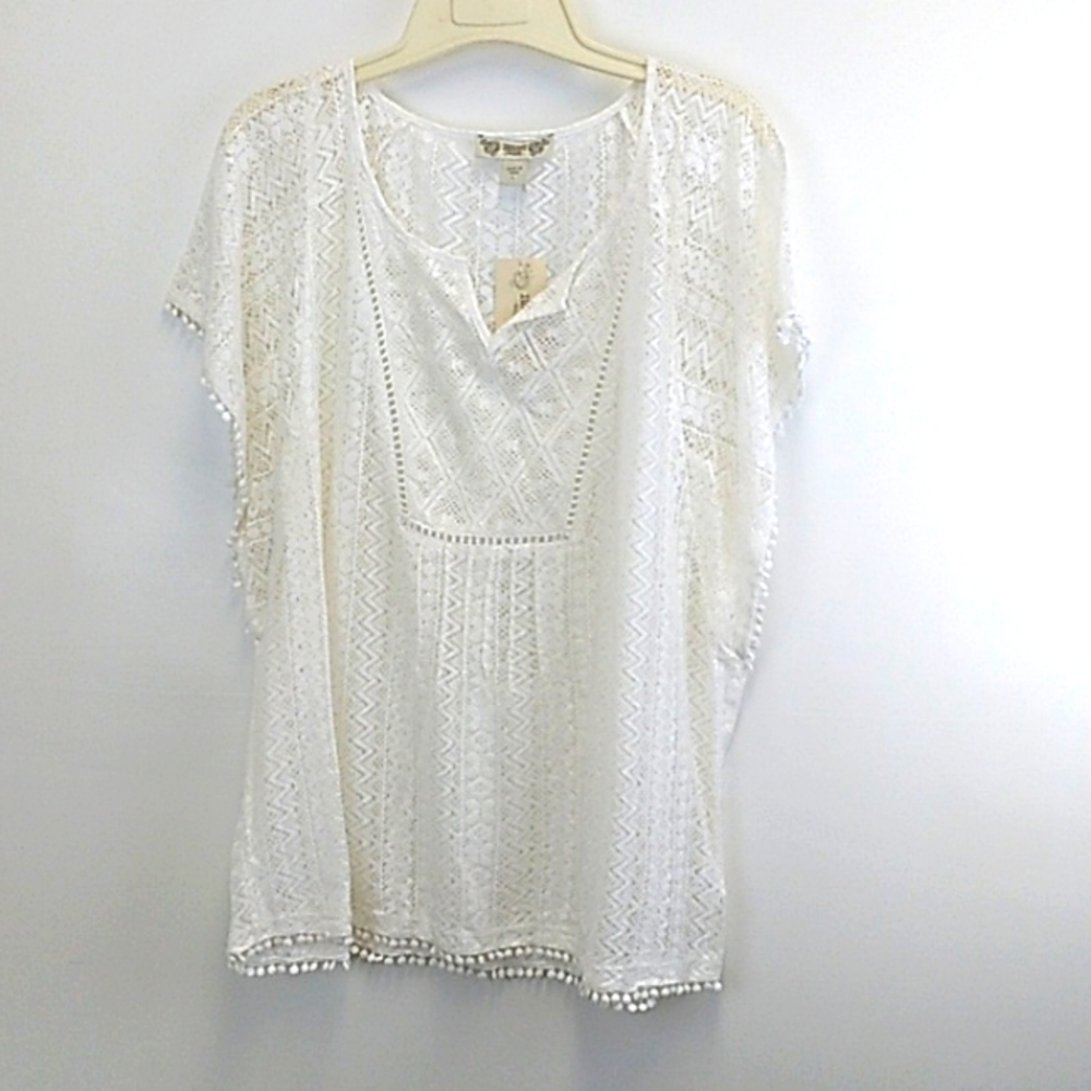 Lacey Crochet Mesh Sheer Flounce Sleeve Vintage America Pullover Top Size Large‎
